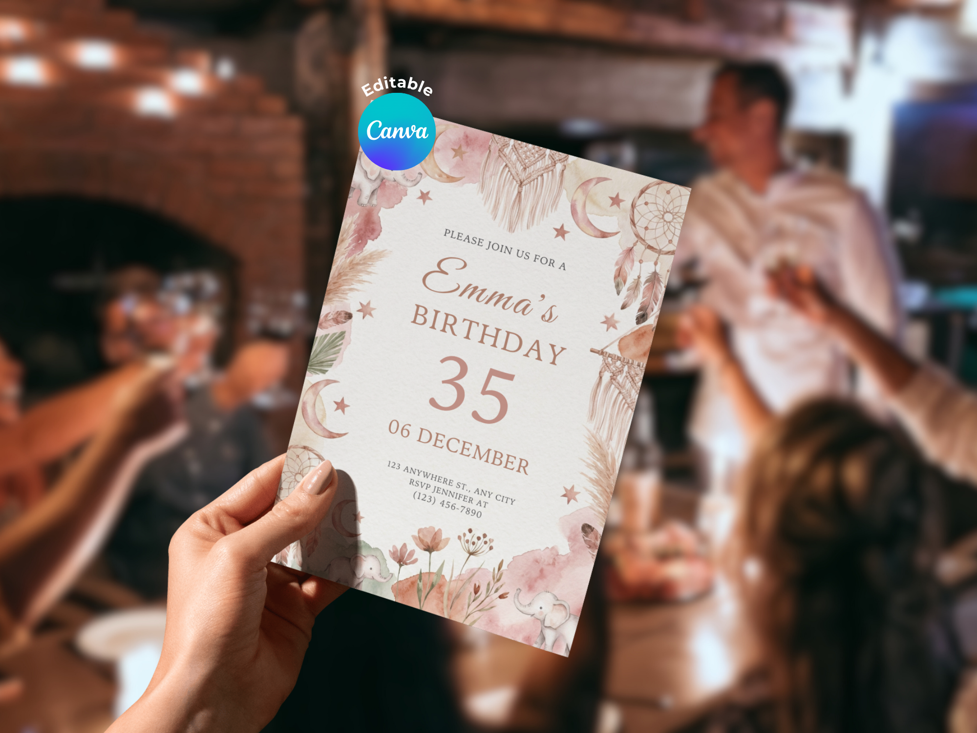 [FREE SAMPLE] Boho Woman Invitation | Editable Canva Template - Instant Download