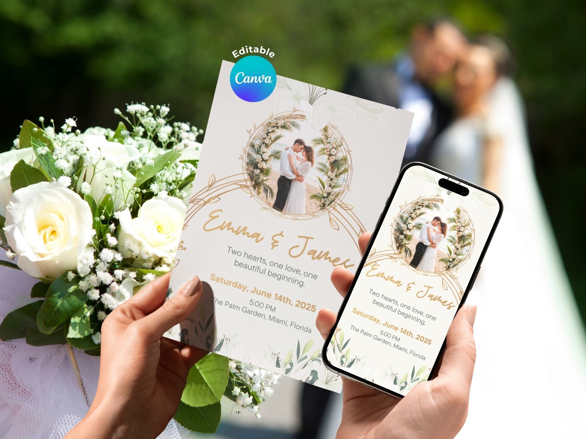 Soft Florals Wedding Invitation – Editable Canva Template – Share or Printable 5x7 – Instant Download