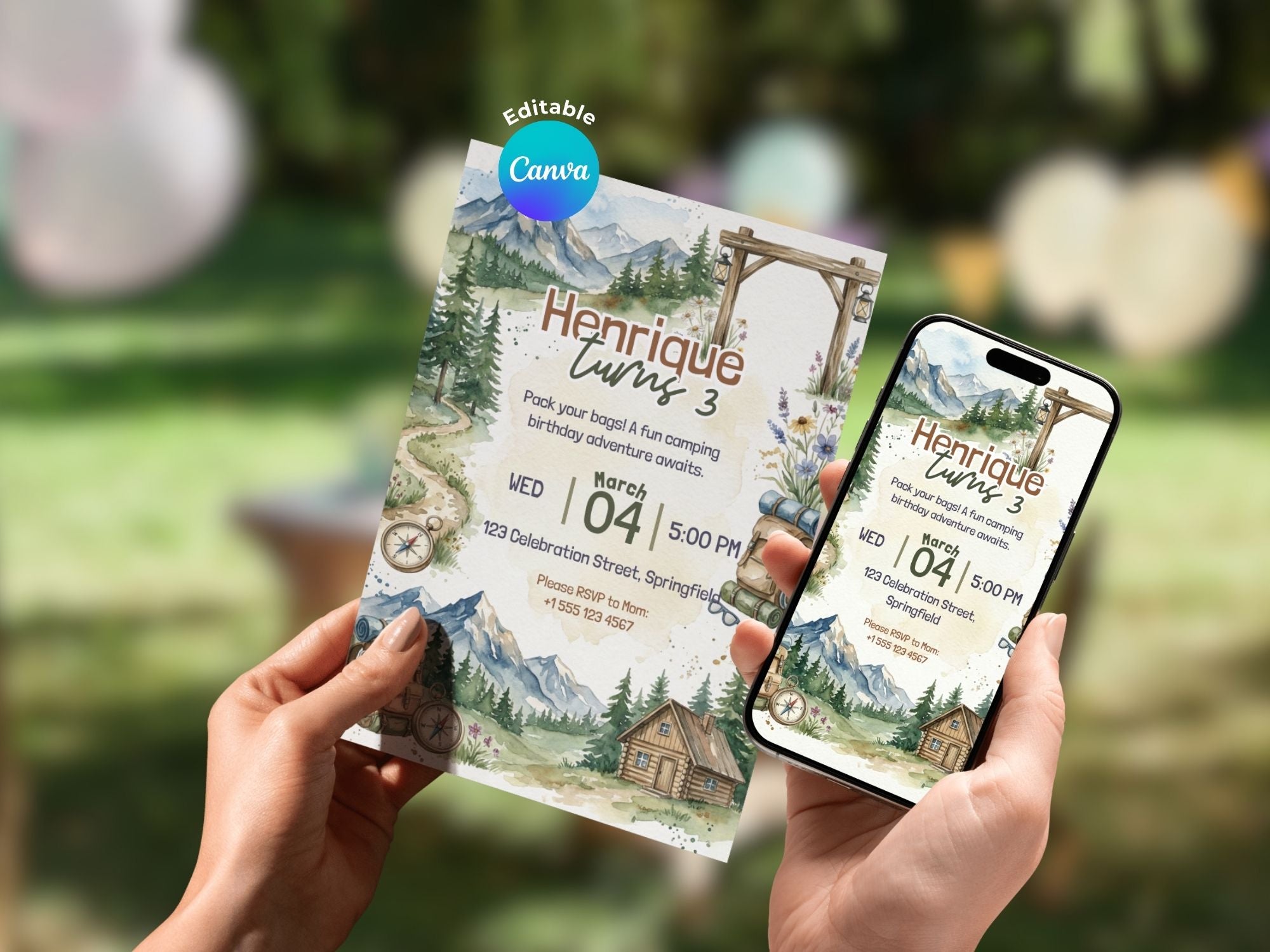 Camping Birthday Invitation – Editable Canva Template – Share or Printable 5x7 – Instant Download