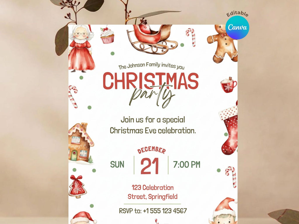 Christmas Eve Party Invitation – Editable Canva Template – Share or Printable 5x7 – Instant Download