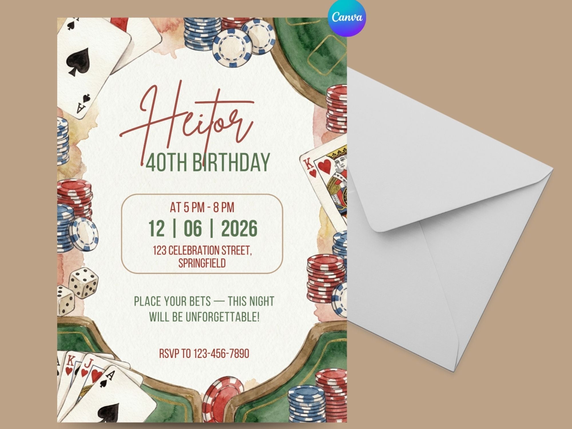 Casino Night Invitation – Editable Canva Template – Share or Printable 5x7 – Instant Download