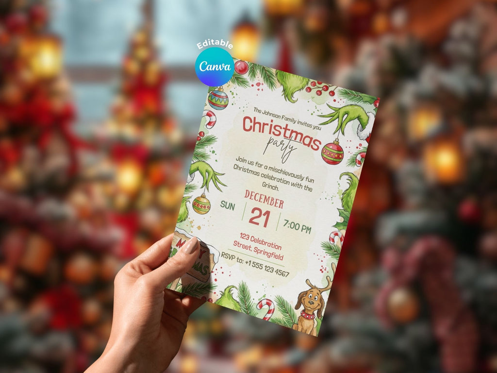Grinch Christmas Party – Editable Canva Template – Share or Printable 5x7 – Instant Download