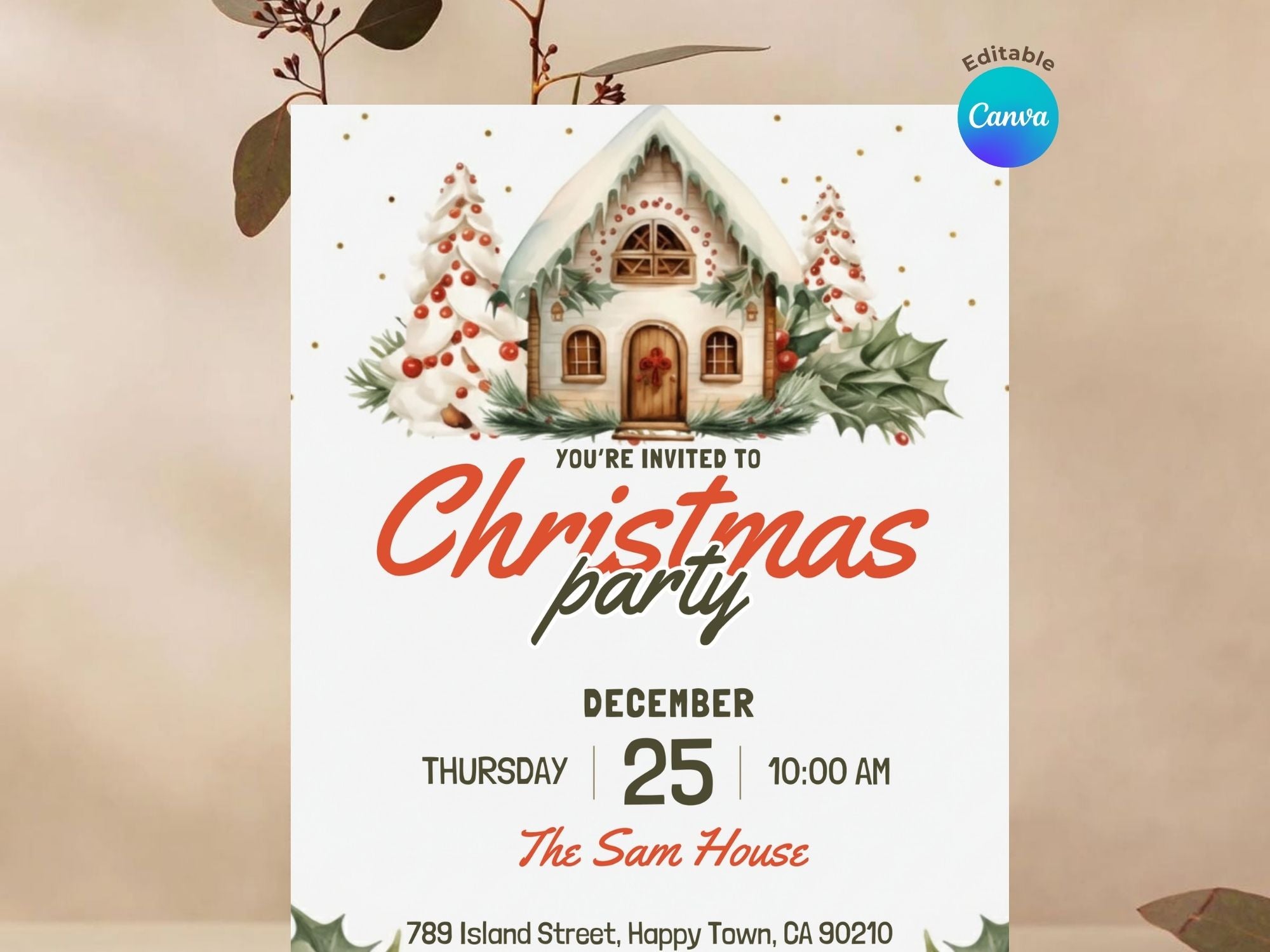 Merry Christmas Party Invitation – Editable Canva Template – Share or Printable 5x7 – Instant Download