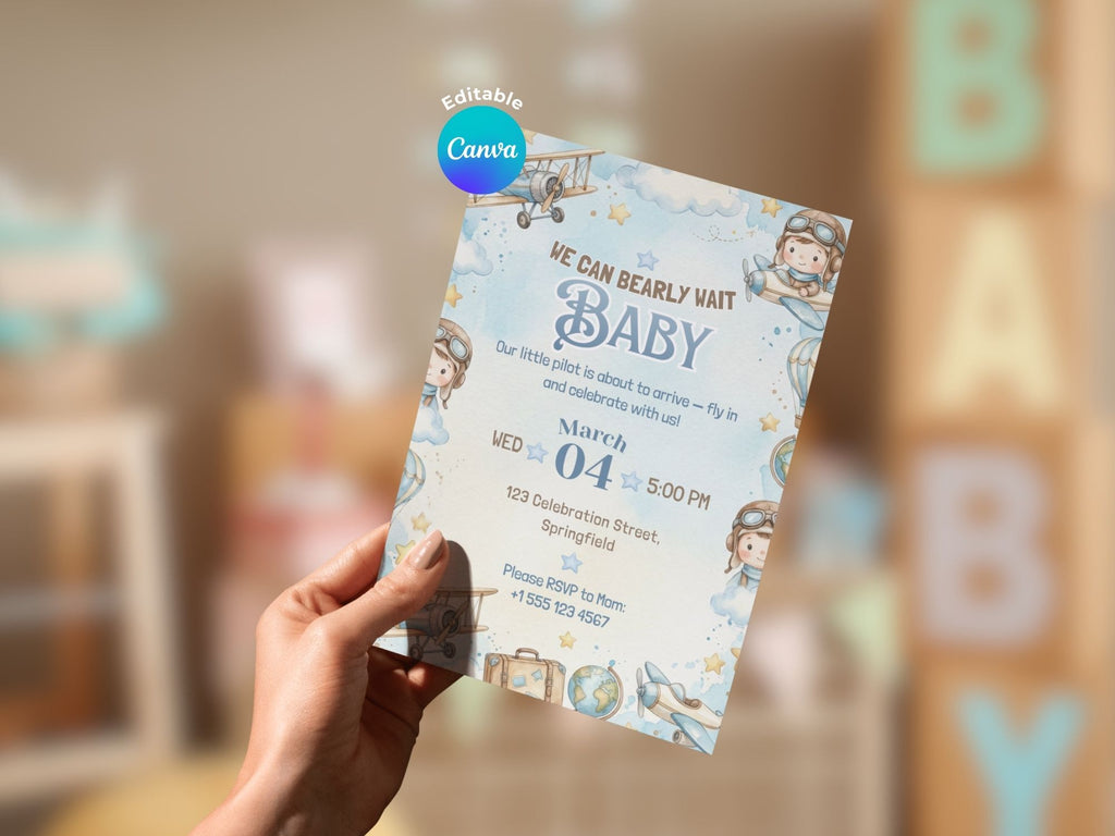 Aviator Baby Shower Invitation – Watercolor Plane Theme – Editable Canva Template – Share or Printable 5x7 – Instant Download