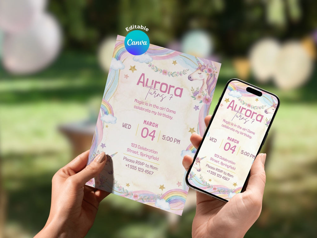Unicorn Birthday Invitation – Editable Canva Template – Share or Printable 5x7 – Instant Download