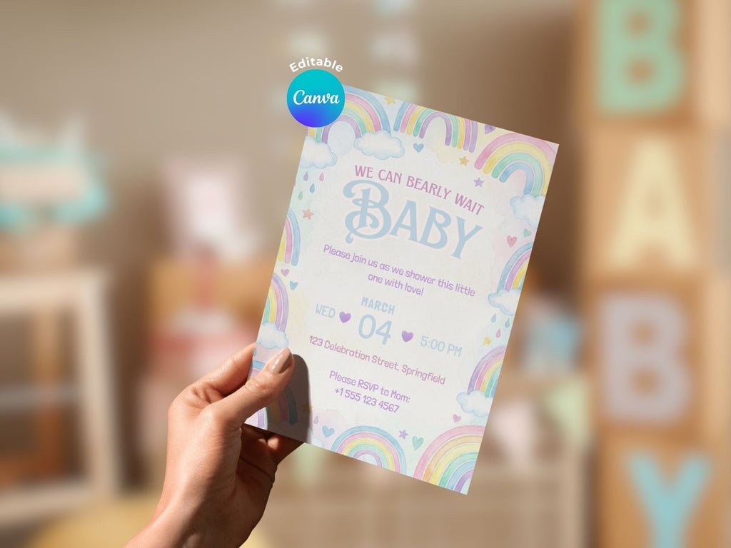 Watercolor Rainbow Baby Shower Invitation – Watercolor Plane Theme – Editable Canva Template – Share or Printable 5x7 – Instant Download