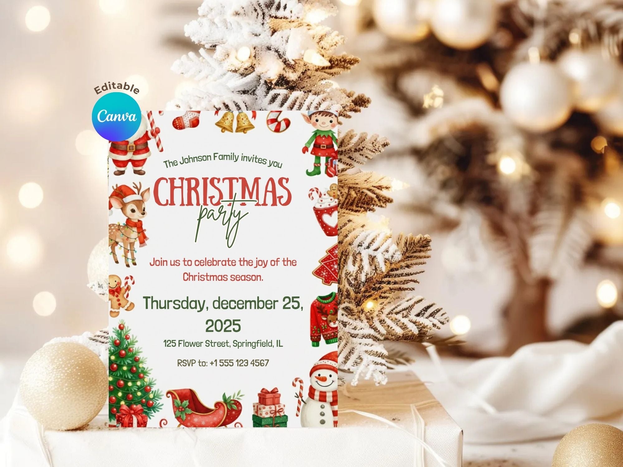 Seasonal Christmas Party Invitation – Editable Canva Template – Share or Printable 5x7 – Instant Download