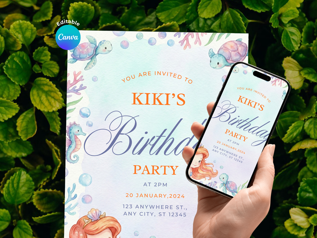 [FREE SAMPLE] Blue Mermaid Invitation | Editable Canva Template - Instant Download