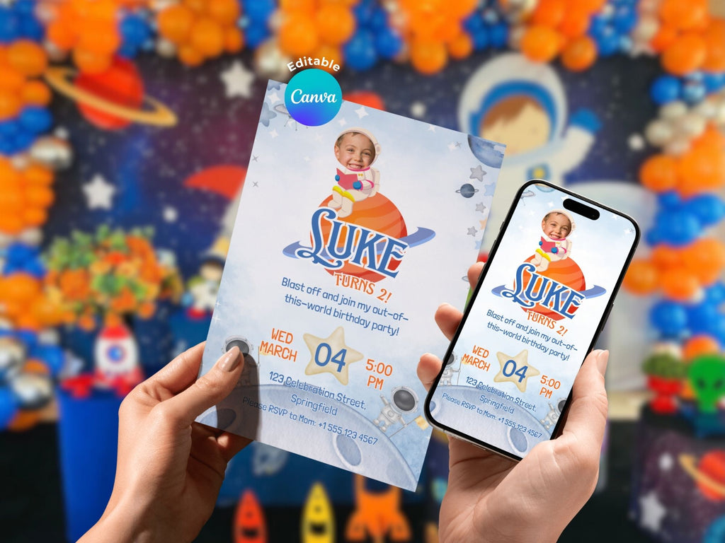 Modern Astronaut Birthday Invitation FULL PARTY BUNDLE - Video Invite & Matching Printables