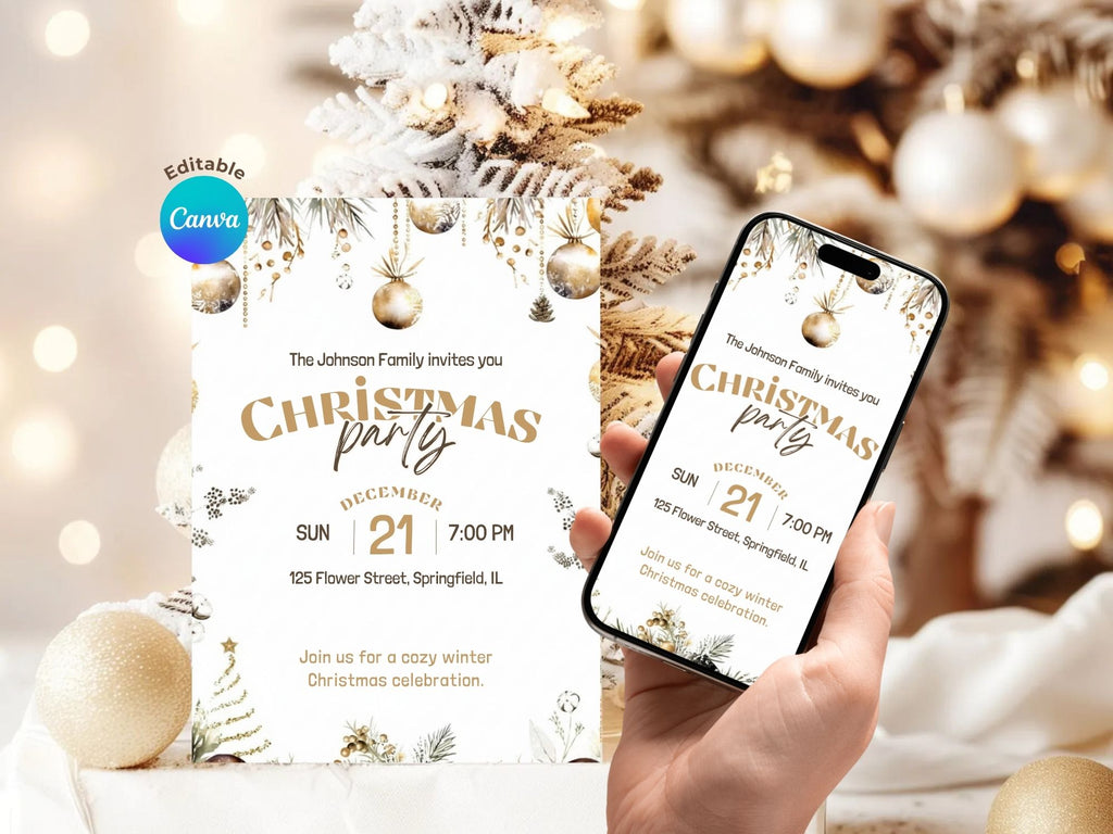 Winter Christmas Party Invitation – Editable Canva Template – Share or Printable 5x7 – Instant Download