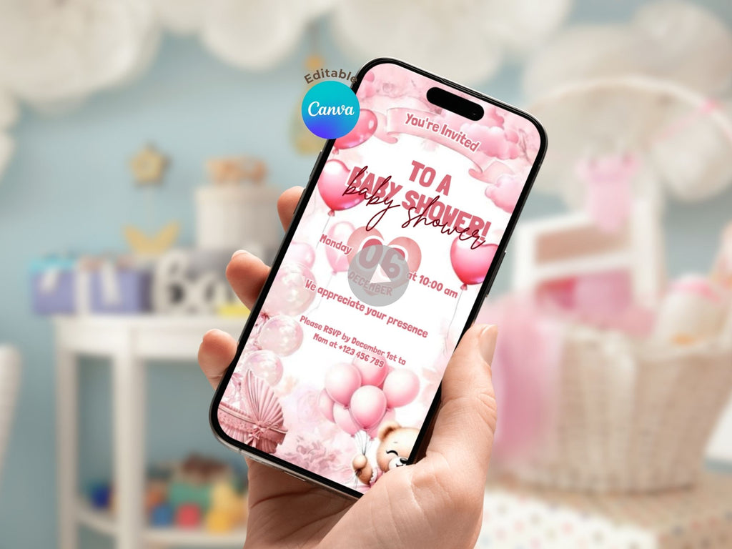 Pink Baby Bear Baby Shower – Editable Canva Template – Share video mp4 – Instant Download