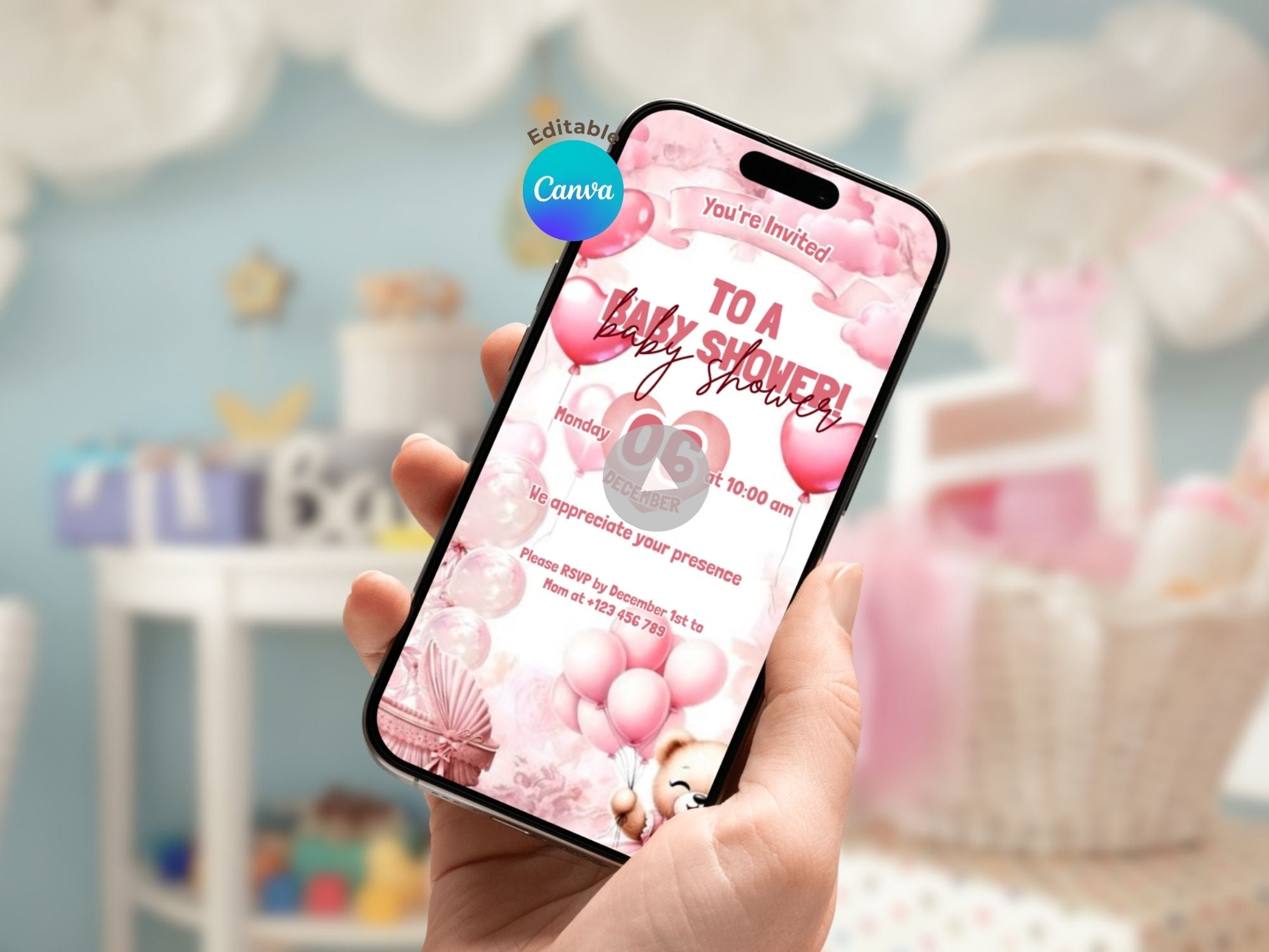 Pink Baby Bear Baby Shower – Editable Canva Template – Share video mp4 – Instant Download