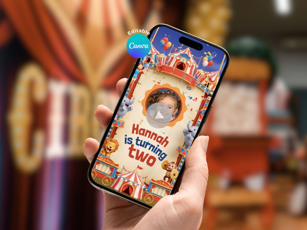 Kids Circus Party Video Invitation – Editable Canva Template – Share video mp4 – Instant Download