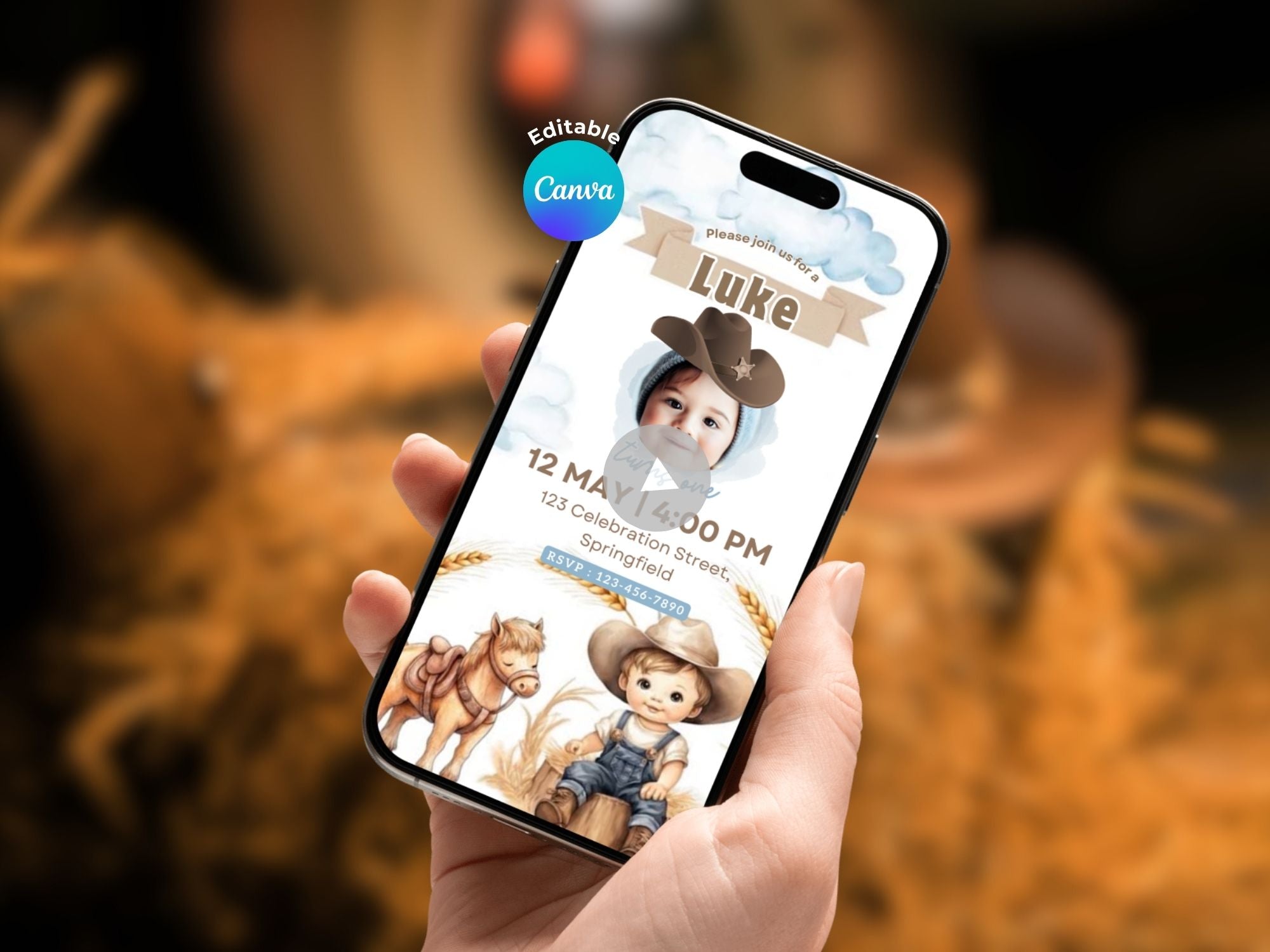 Baby Cowboy Birthday Invitation – Editable Canva Template – Share video mp4 – Instant Download