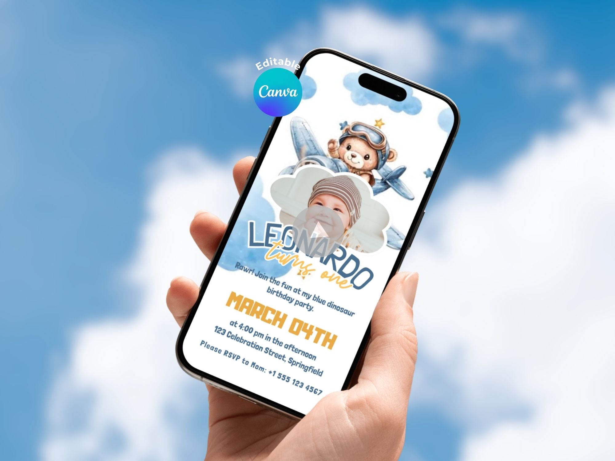 Baby Aviator In The Clouds Birthday Invitation – Editable Canva Template – Share video mp4 – Instant Download