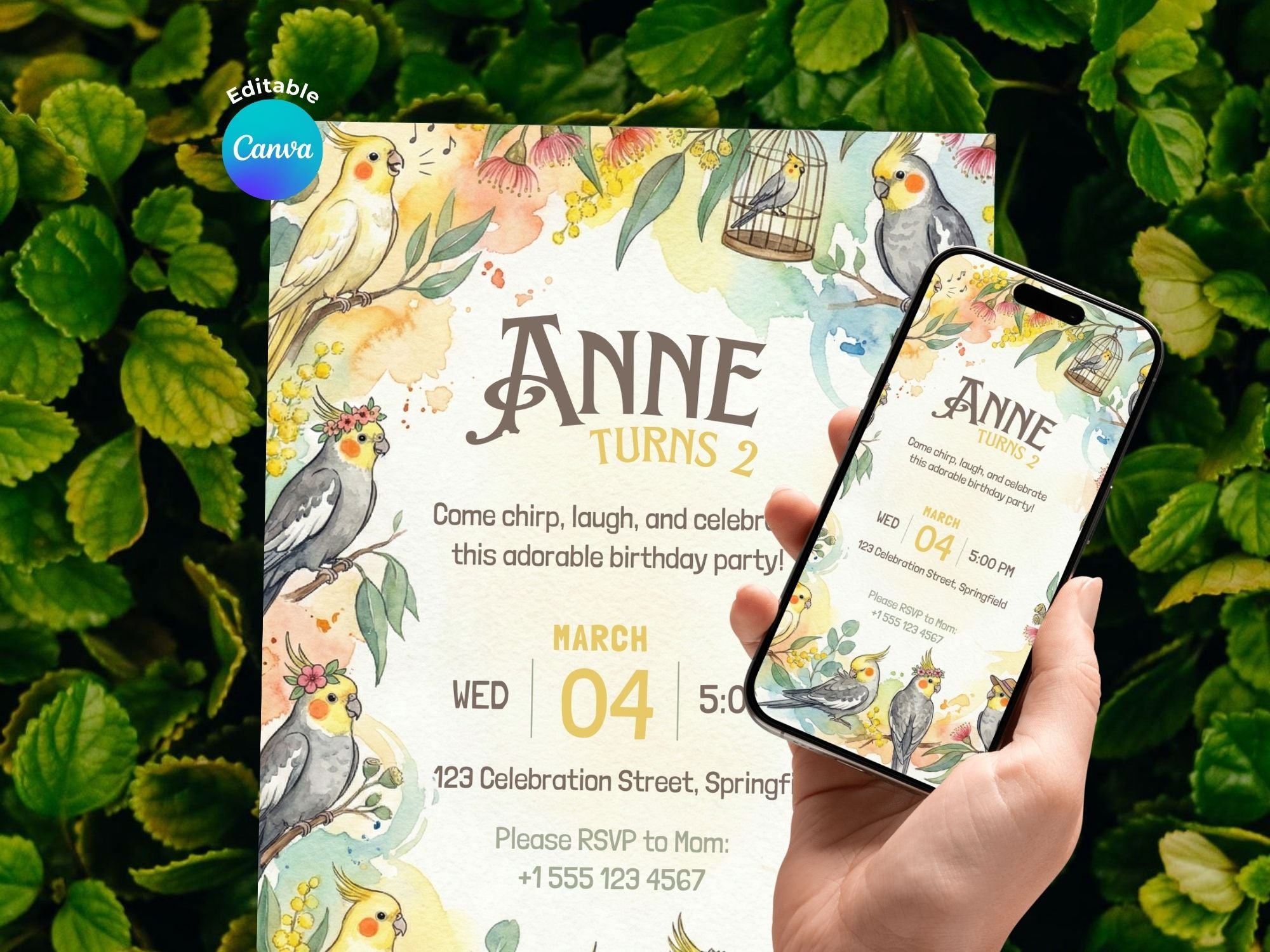 Cockatiel Watercolor Birthday Invitation – Editable Canva Template – Share or Printable 5x7 – Instant Download