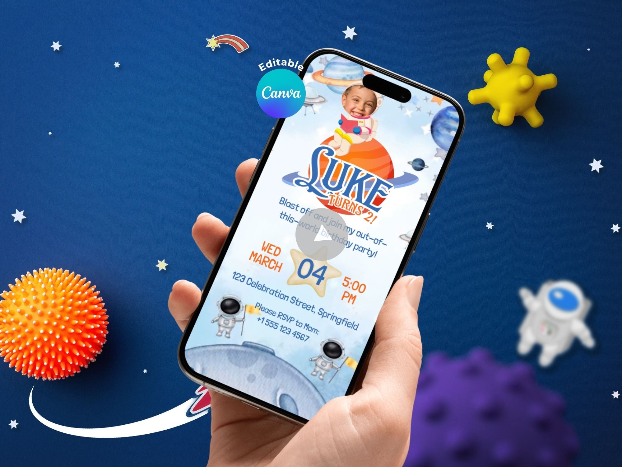 Astronaut Birthday Invitation – Editable Canva Template – Share video mp4 – Instant Download