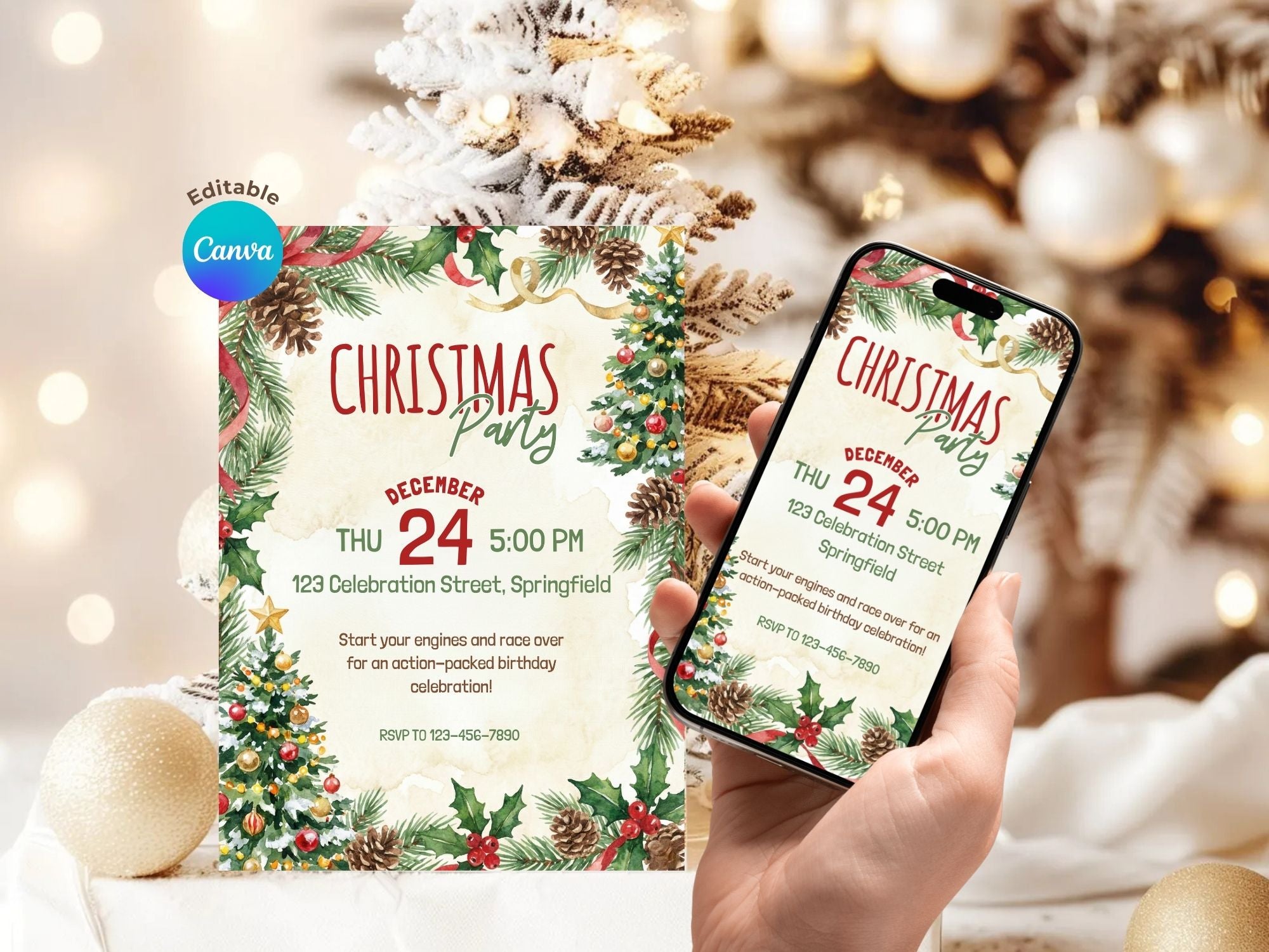Christmas Tree Holiday Invitation – Editable Canva Template – Share or Printable 5x7 – Instant Download