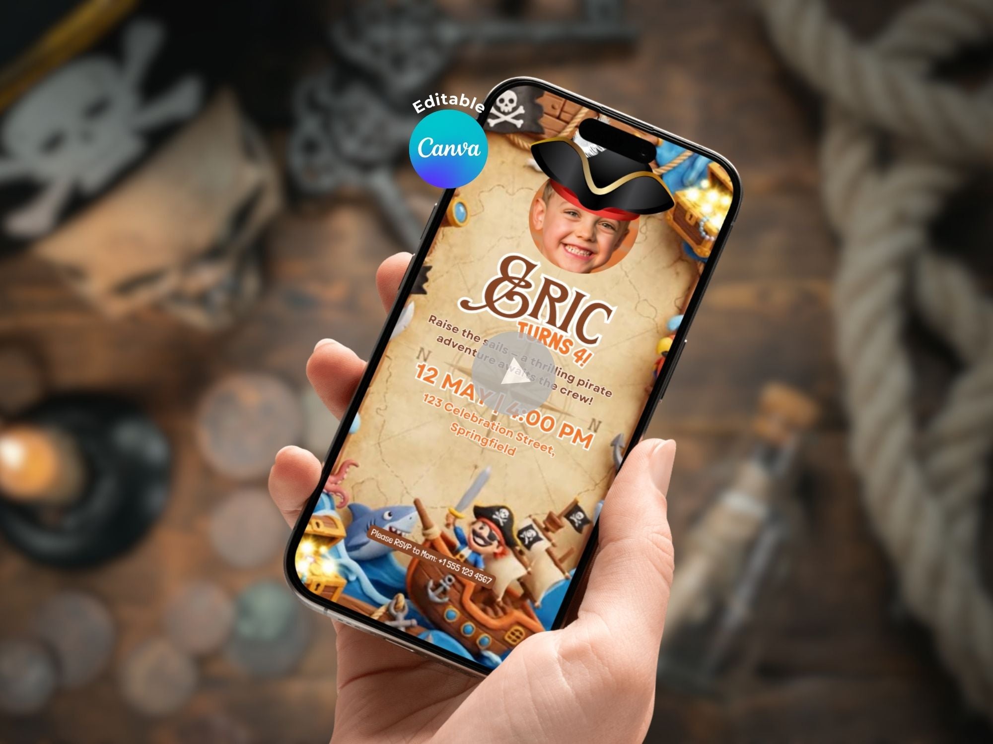 Pirate Adventure Birthday Invitation – Editable Canva Template – Share video mp4 – Instant Download