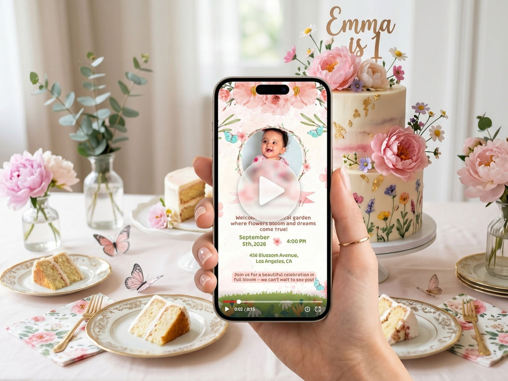 Garden Floral Birthday Video Invitation – Editable Canva Template – Share video mp4 – Instant Download