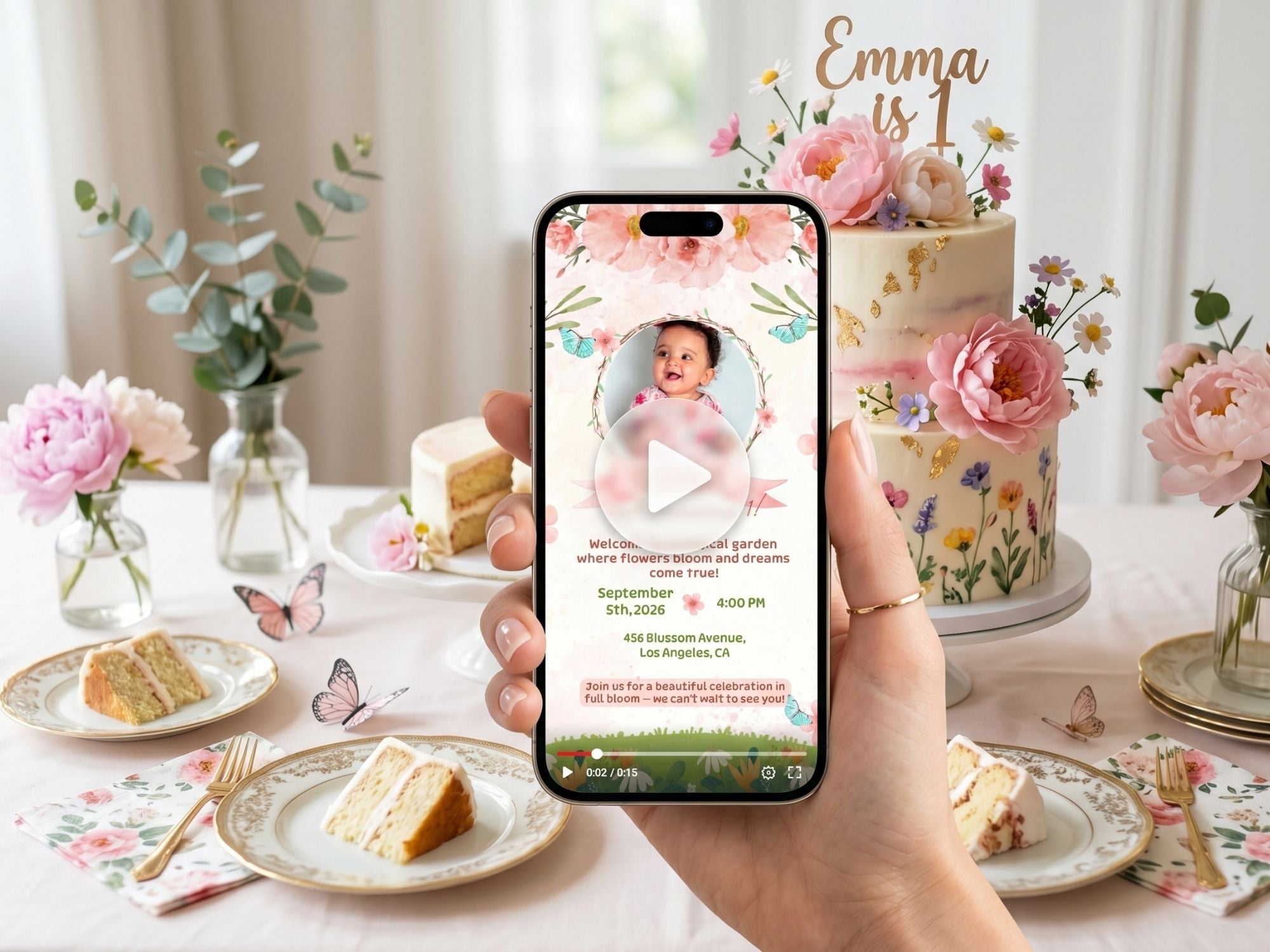 Garden Floral Birthday Video Invitation – Editable Canva Template – Share video mp4 – Instant Download