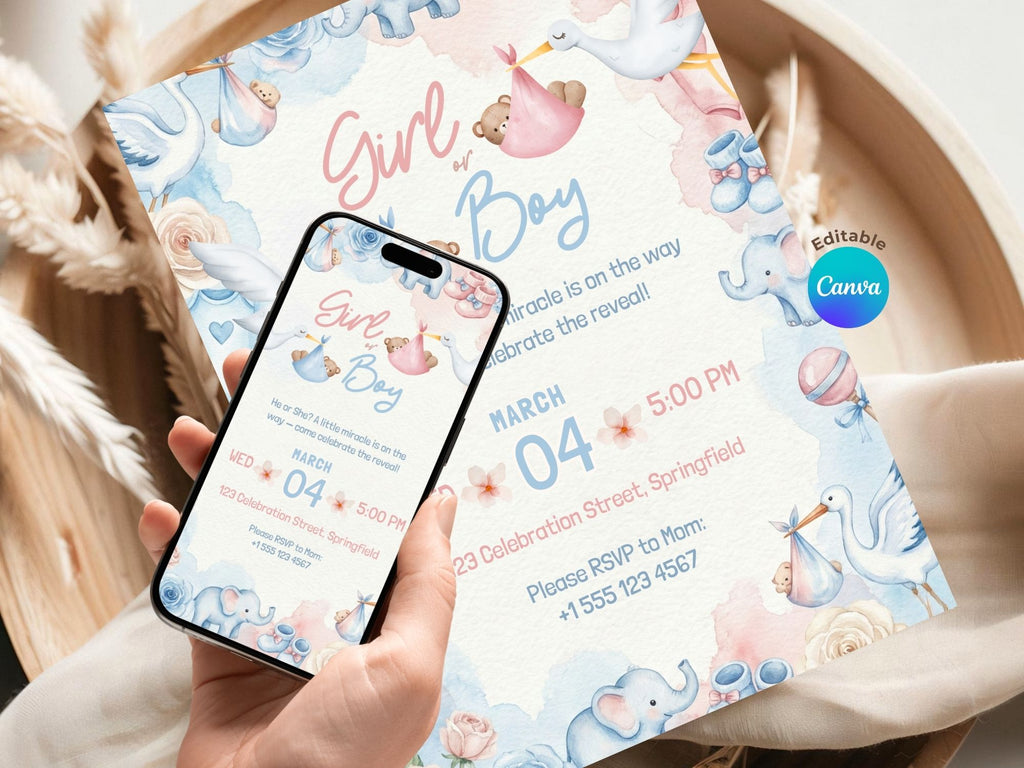 Elephant Gender Reveal Invitation – Watercolor Plane Theme – Editable Canva Template – Share or Printable 5x7 – Instant Download