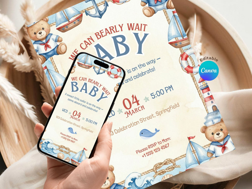 Blue Sailor Baby Shower Invitation – Watercolor Plane Theme – Editable Canva Template – Share or Printable 5x7 – Instant Download