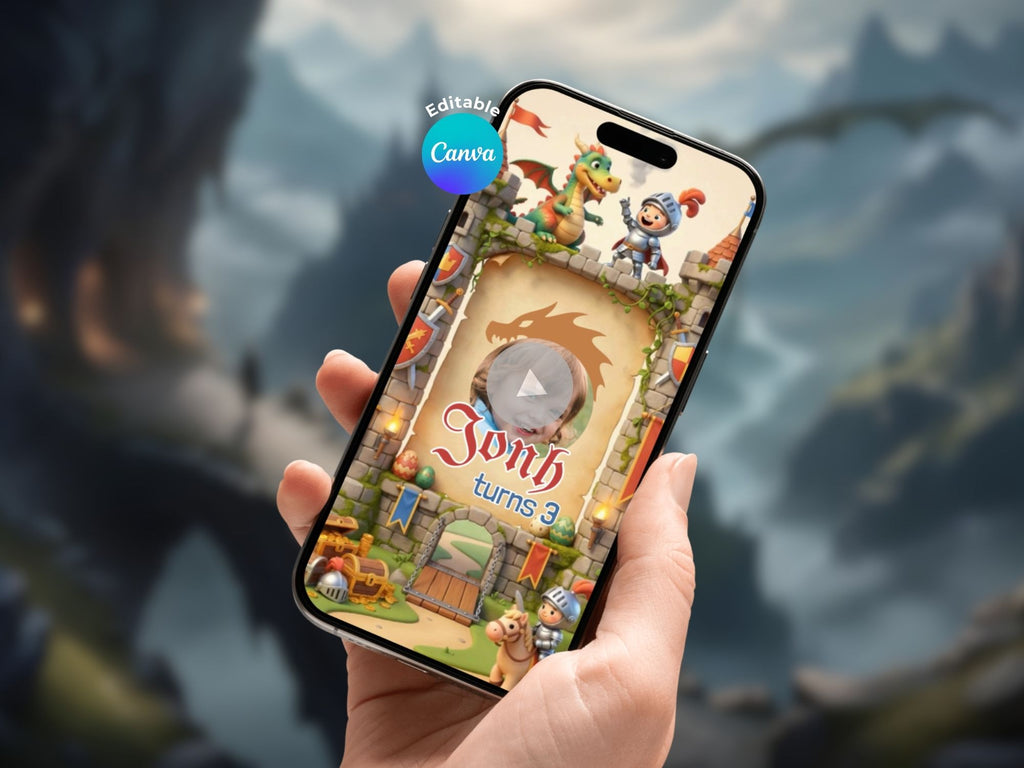 Castle And Dragon Birthday Video Invitation – Editable Canva Template – Share video mp4 – Instant Download