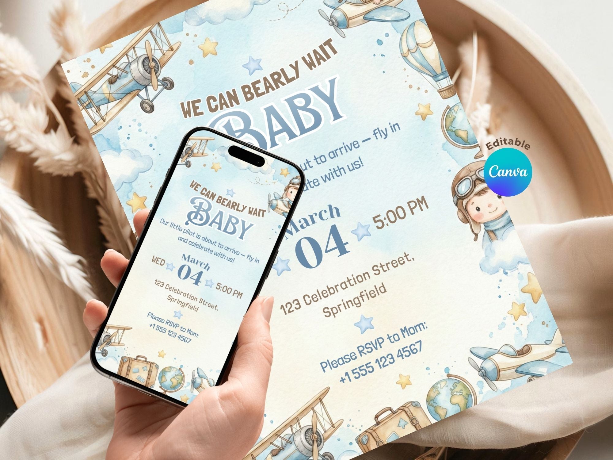 Aviator Baby Shower Invitation – Watercolor Plane Theme – Editable Canva Template – Share or Printable 5x7 – Instant Download