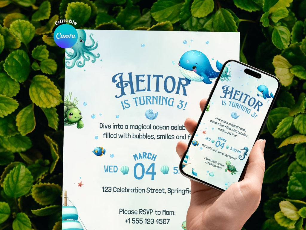 Blue Under The Sea Invitation – Editable Canva Template – Share or Printable 5x7 – Instant Download
