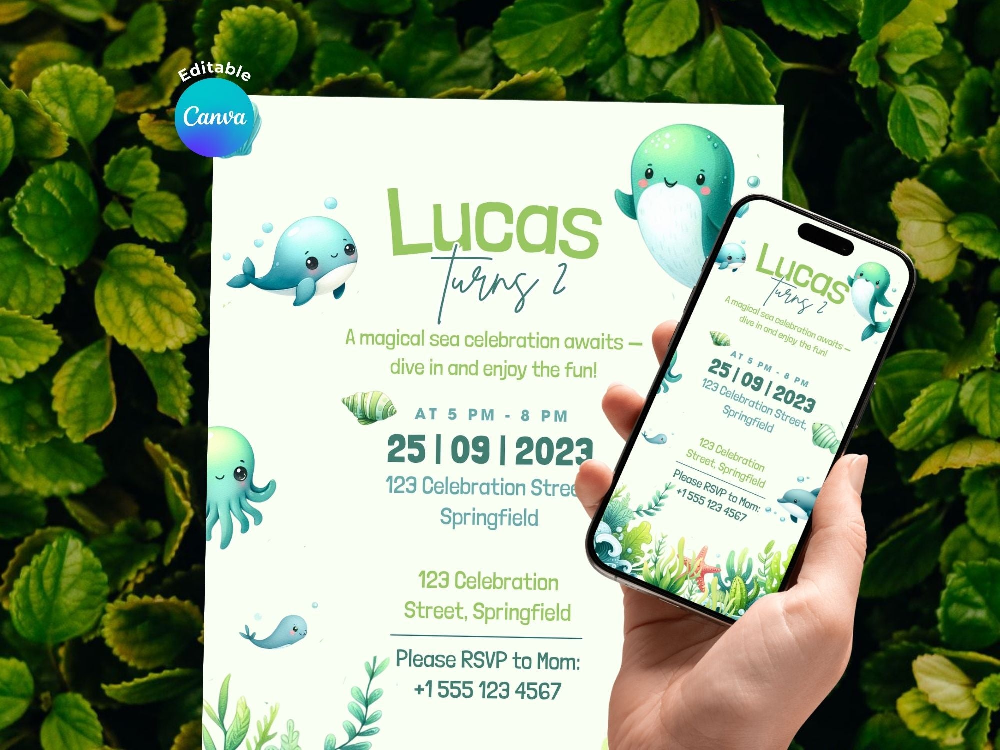 Green Ocean Watercolor Invitation – Editable Canva Template – Share or Printable 5x7 – Instant Download