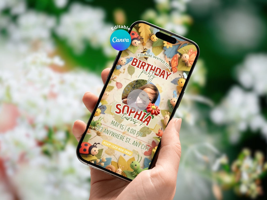 Cute 3D Insects Birthday Invitation – Editable Canva Template – Share video mp4 – Instant Download