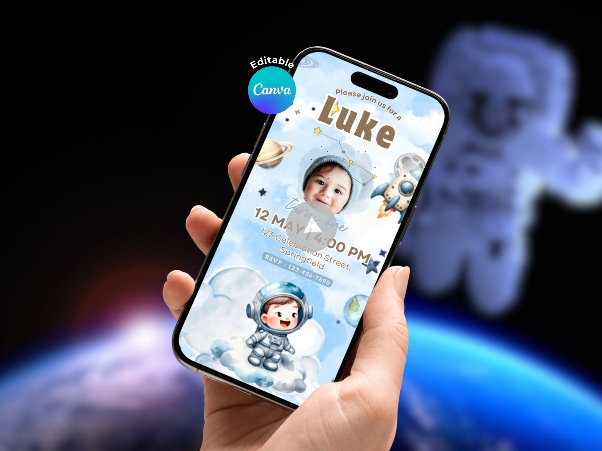 Cute Astronaut Birthday Invitation – Editable Canva Template – Share video mp4 – Instant Download