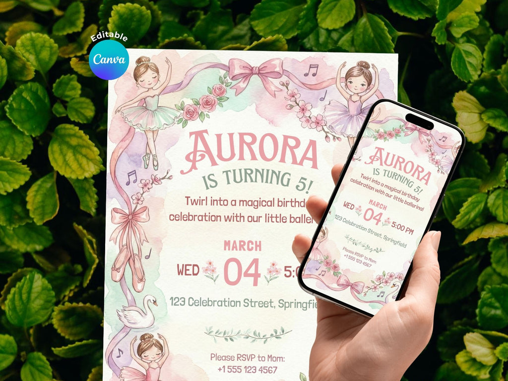 Ballerina Watercolor Invitation – Editable Canva Template – Share or Printable 5x7 – Instant Download