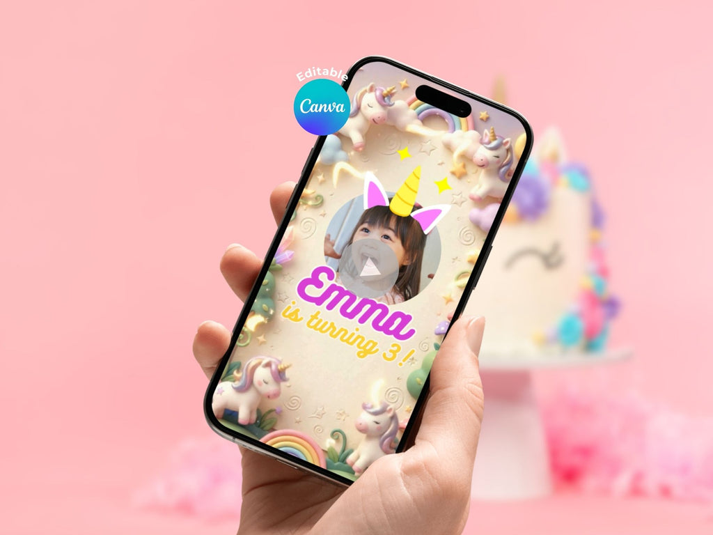 3D Unicorn And Flowers Garden Birthday Video Invitation – Editable Canva Template – Share video mp4 – Instant Download