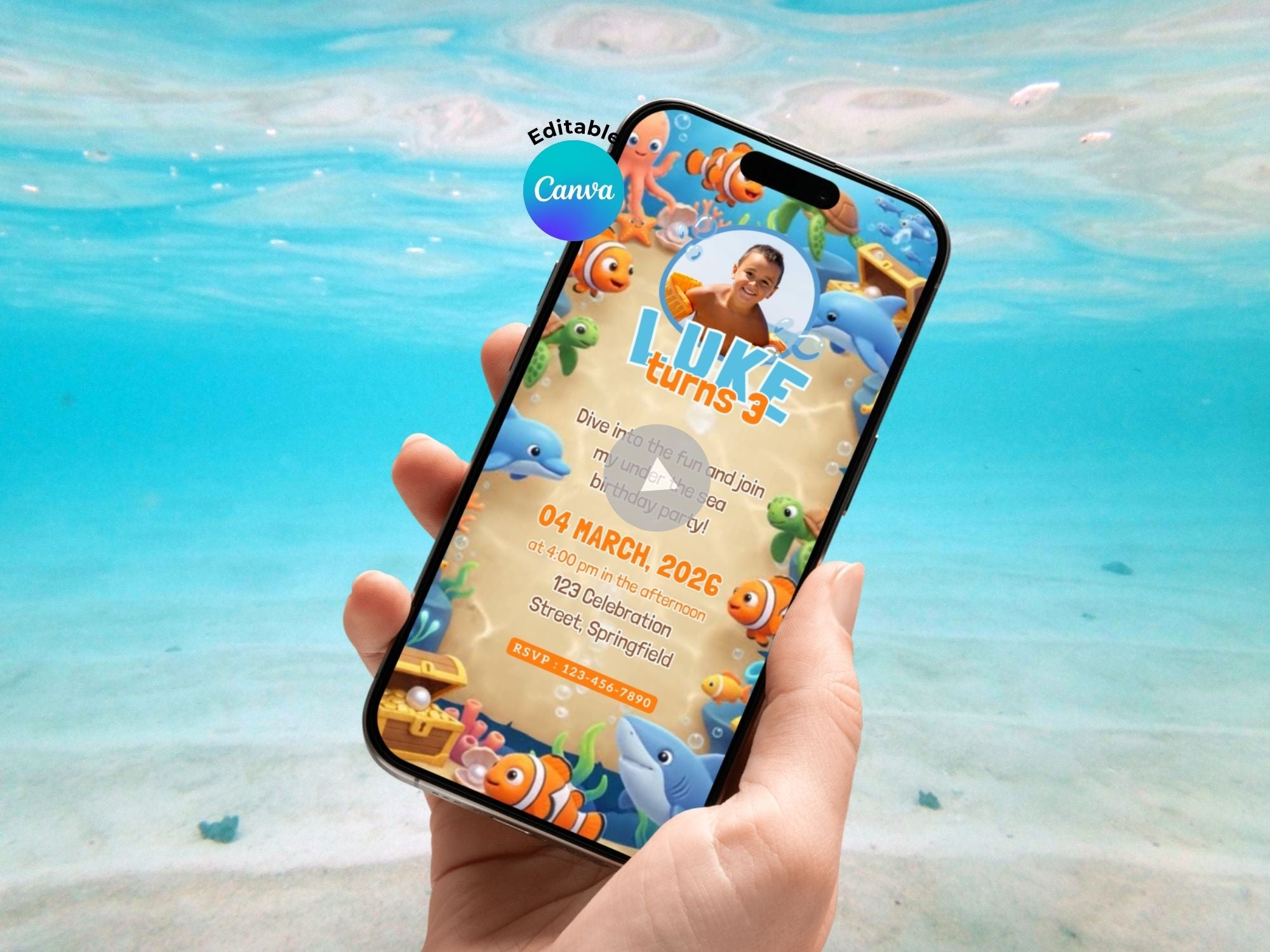 Ocean Adventure Birthday Video Invitation – Editable Canva Template – Share video mp4 – Instant Download