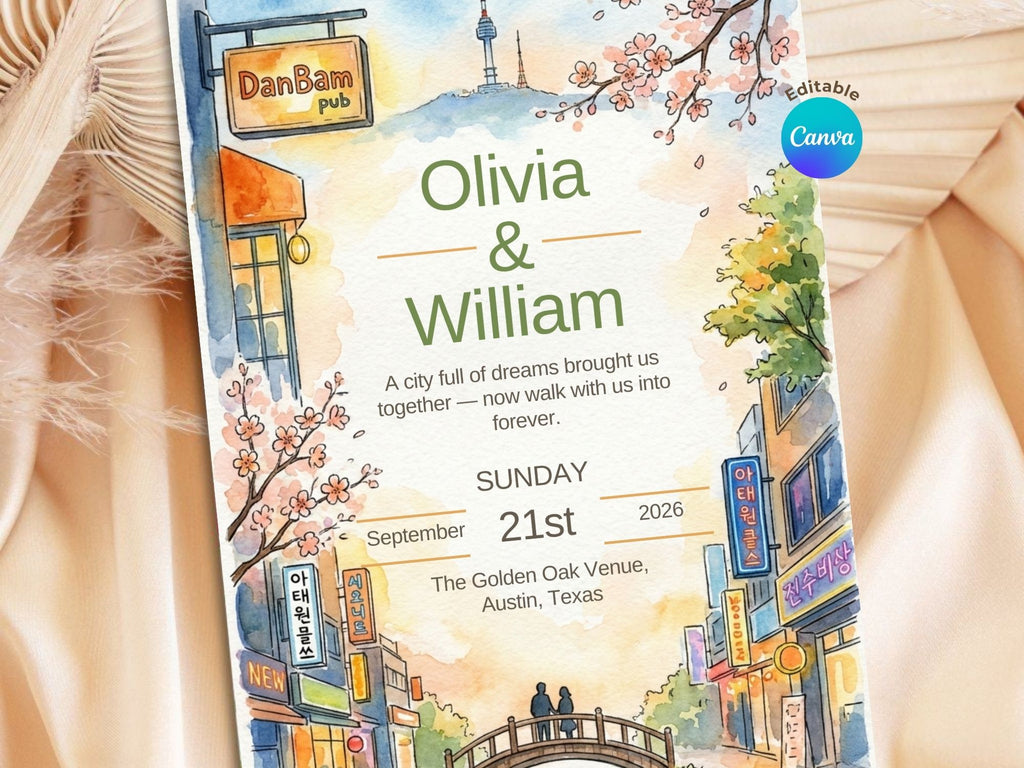 Urban K-Drama Wedding Invitation – Editable Canva Template – Share or Printable 5x7 – Instant Download