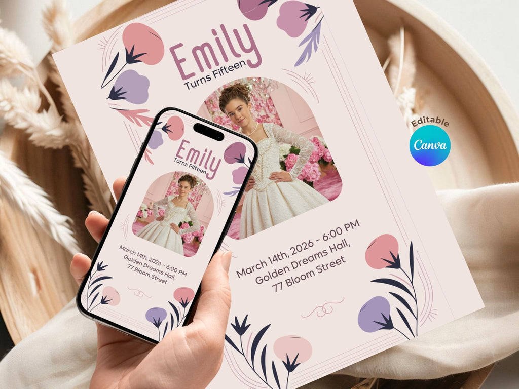 Dreamy Quince Invite – Watercolor Plane Theme – Editable Canva Template – Share or Printable 5x7 – Instant Download