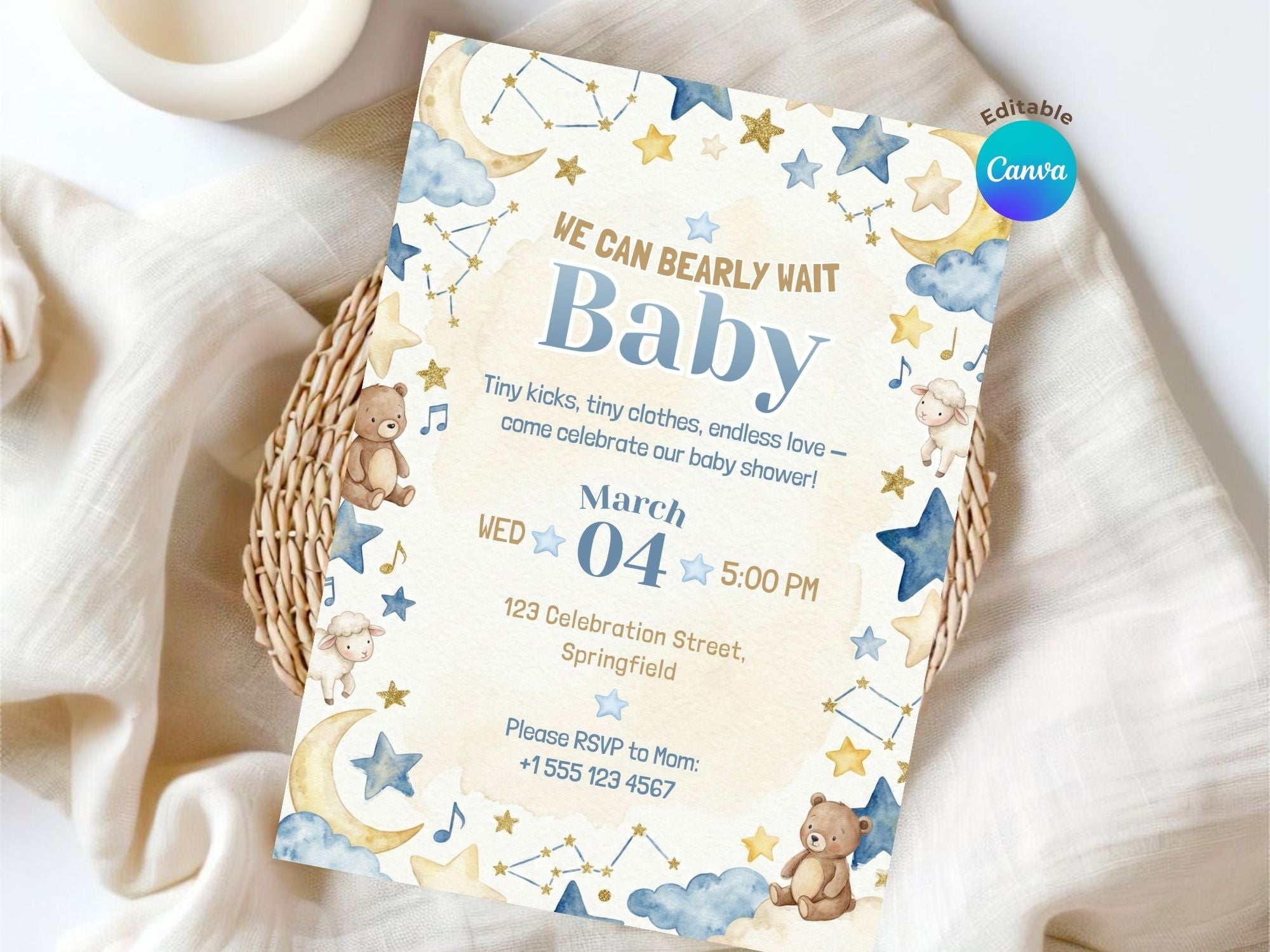 Blue Sky Baby Shower Invitation – Watercolor Plane Theme – Editable Canva Template – Share or Printable 5x7 – Instant Download