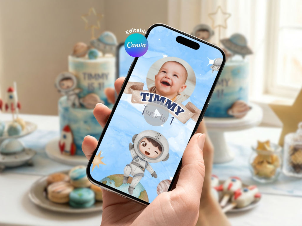 Astronaut Space Theme Birthday Video Invite – Editable Canva Template – Instant Download