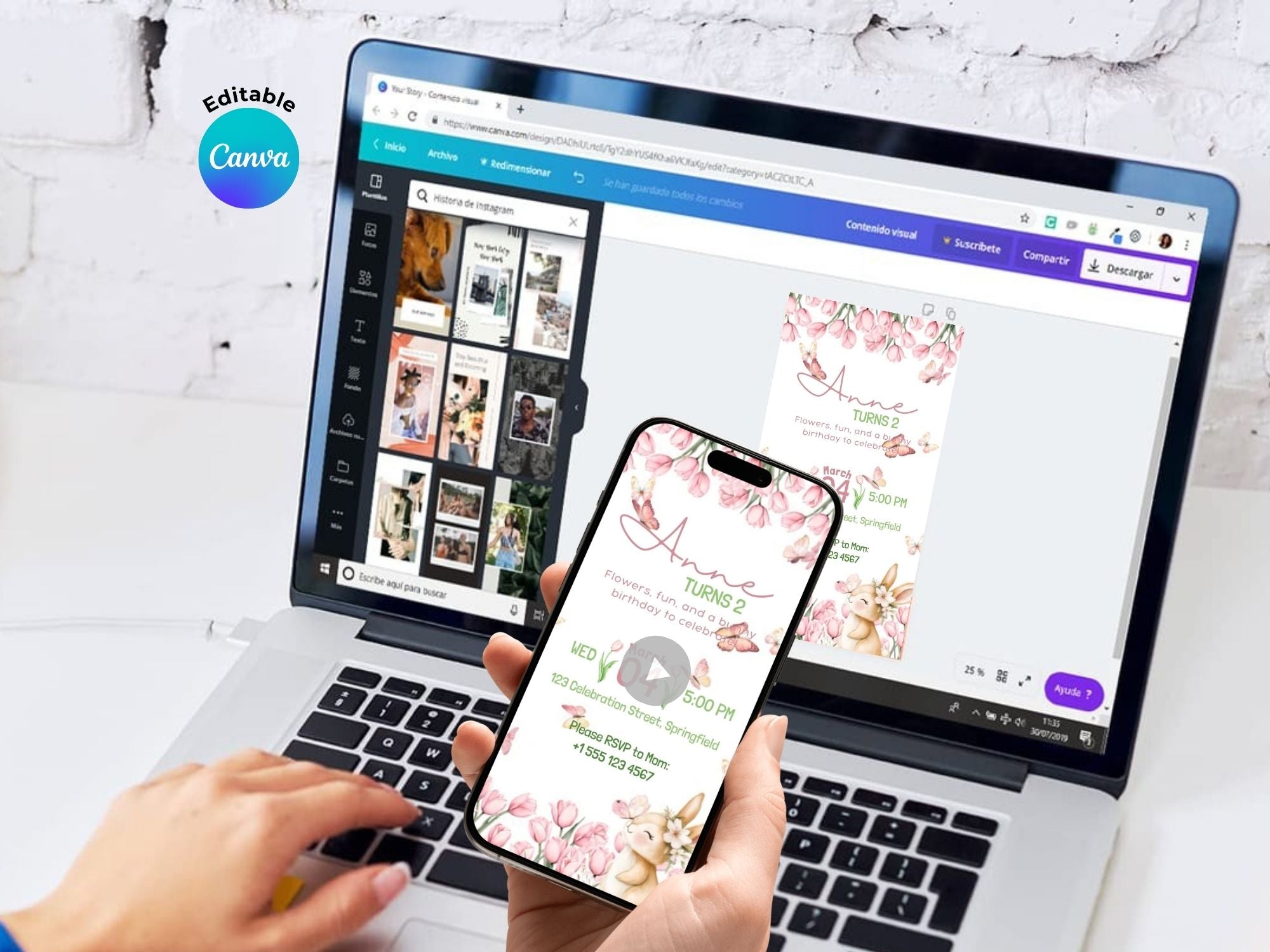 [FREE SAMPLE] Floral Bunny Birthday Invitation – Editable Canva Template – Share video mp4 – Instant Download