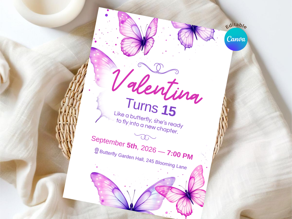 Butterfly Dreams Invitations – Watercolor Plane Theme – Editable Canva Template – Share or Printable 5x7 – Instant Download