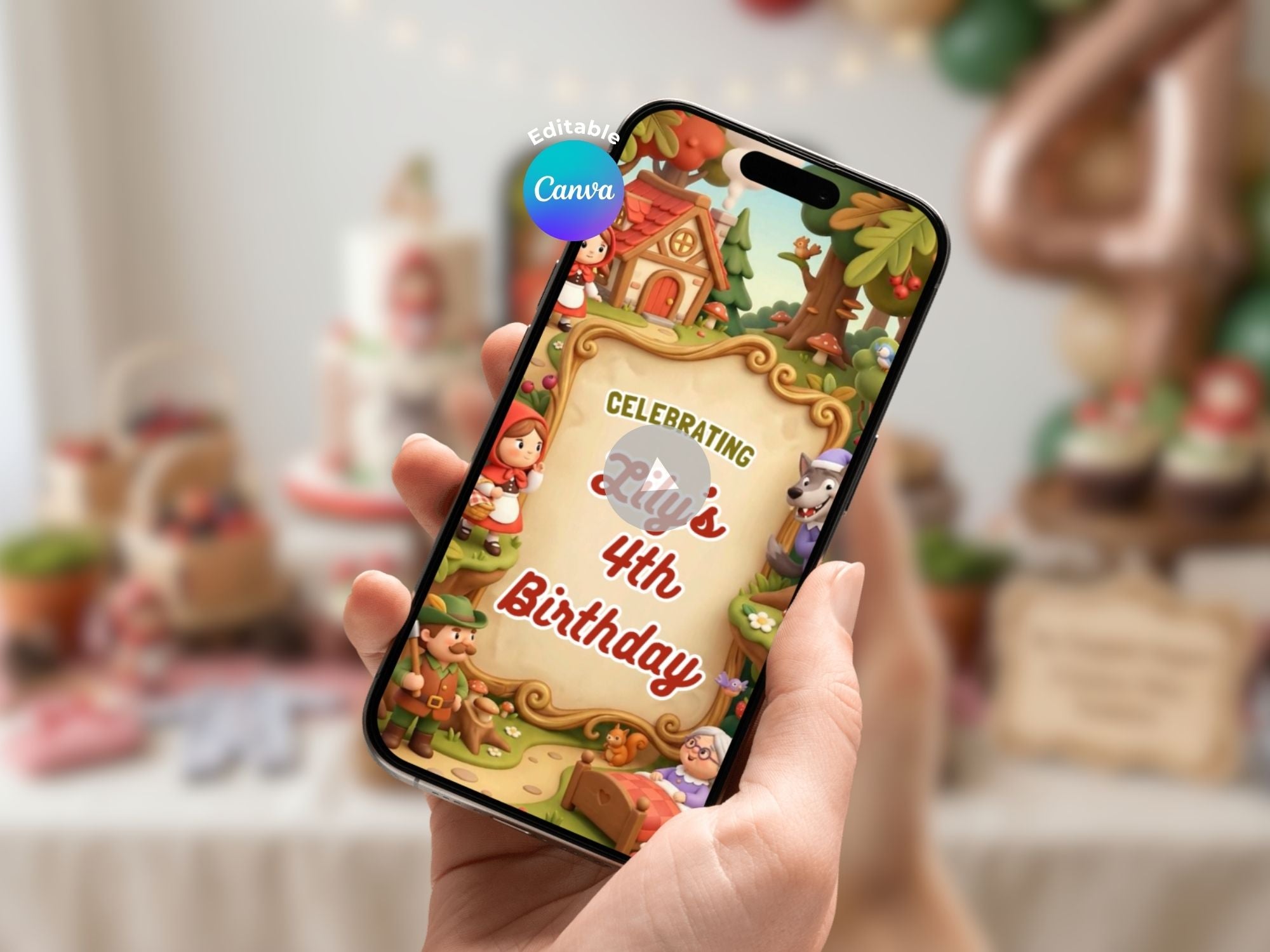 Little Red Riding Hood Birthday Video Invitation – Editable Canva Template – Share video mp4 – Instant Download