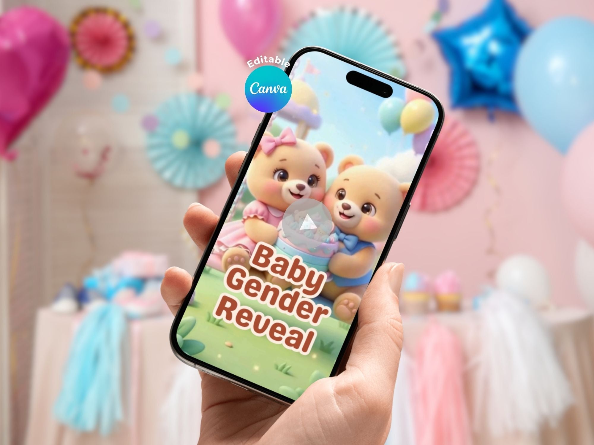 Cute Baby's Gender Reveal With Teddy Bear Invitation – Editable Canva Template – Share video mp4 – Instant Download