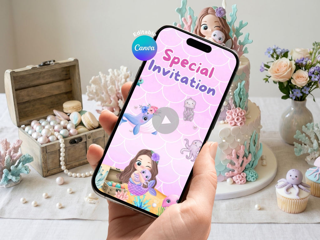 Purple Mermaid Birthday Video Invitation – Editable Canva Template – Share video mp4 – Instant Download