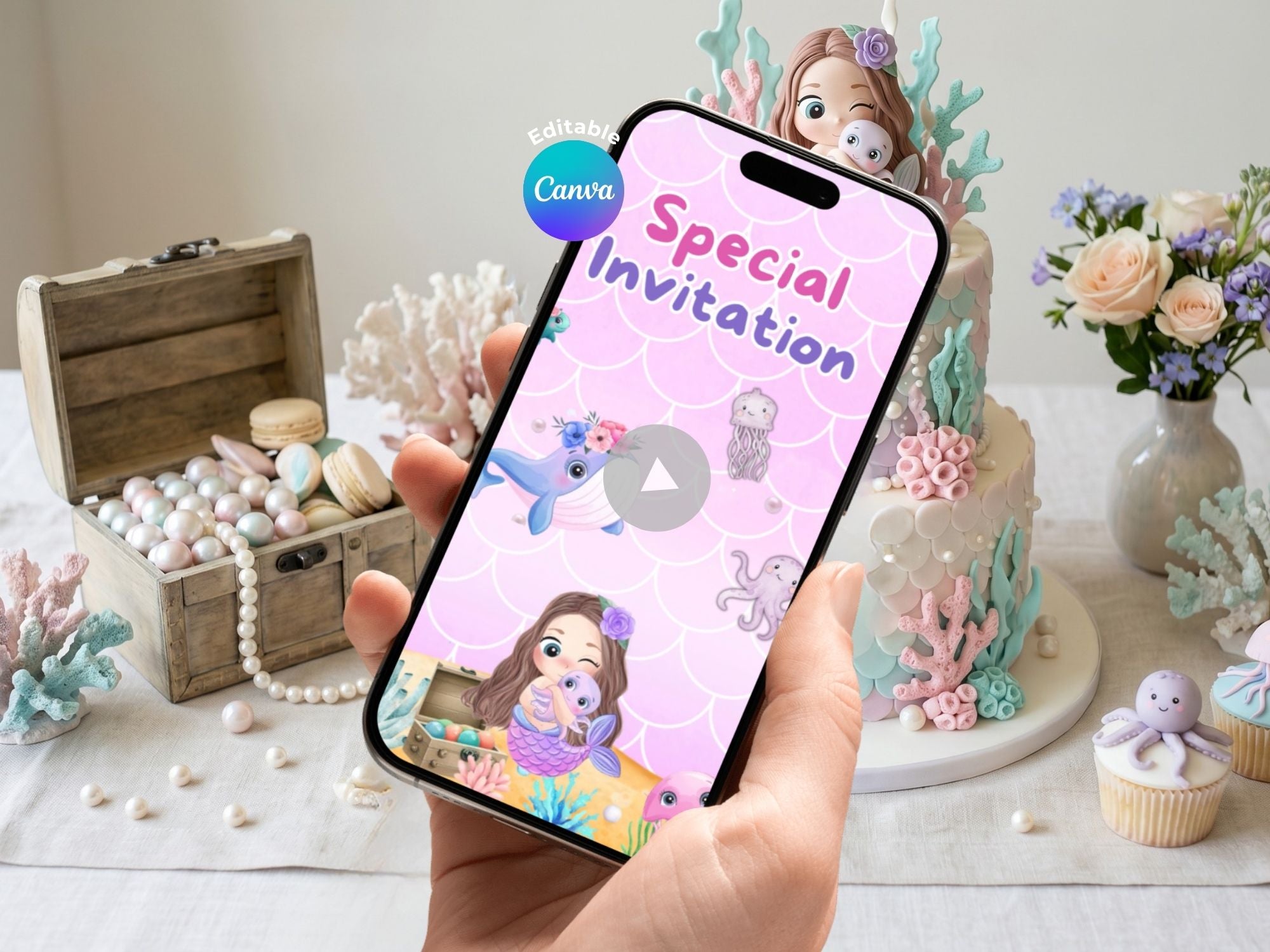 Purple Mermaid Birthday Video Invitation – Editable Canva Template – Share video mp4 – Instant Download