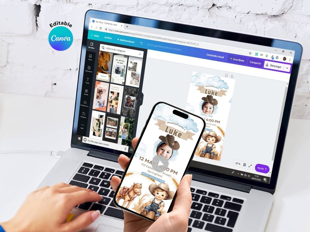 Baby Cowboy Birthday Invitation – Editable Canva Template – Share video mp4 – Instant Download