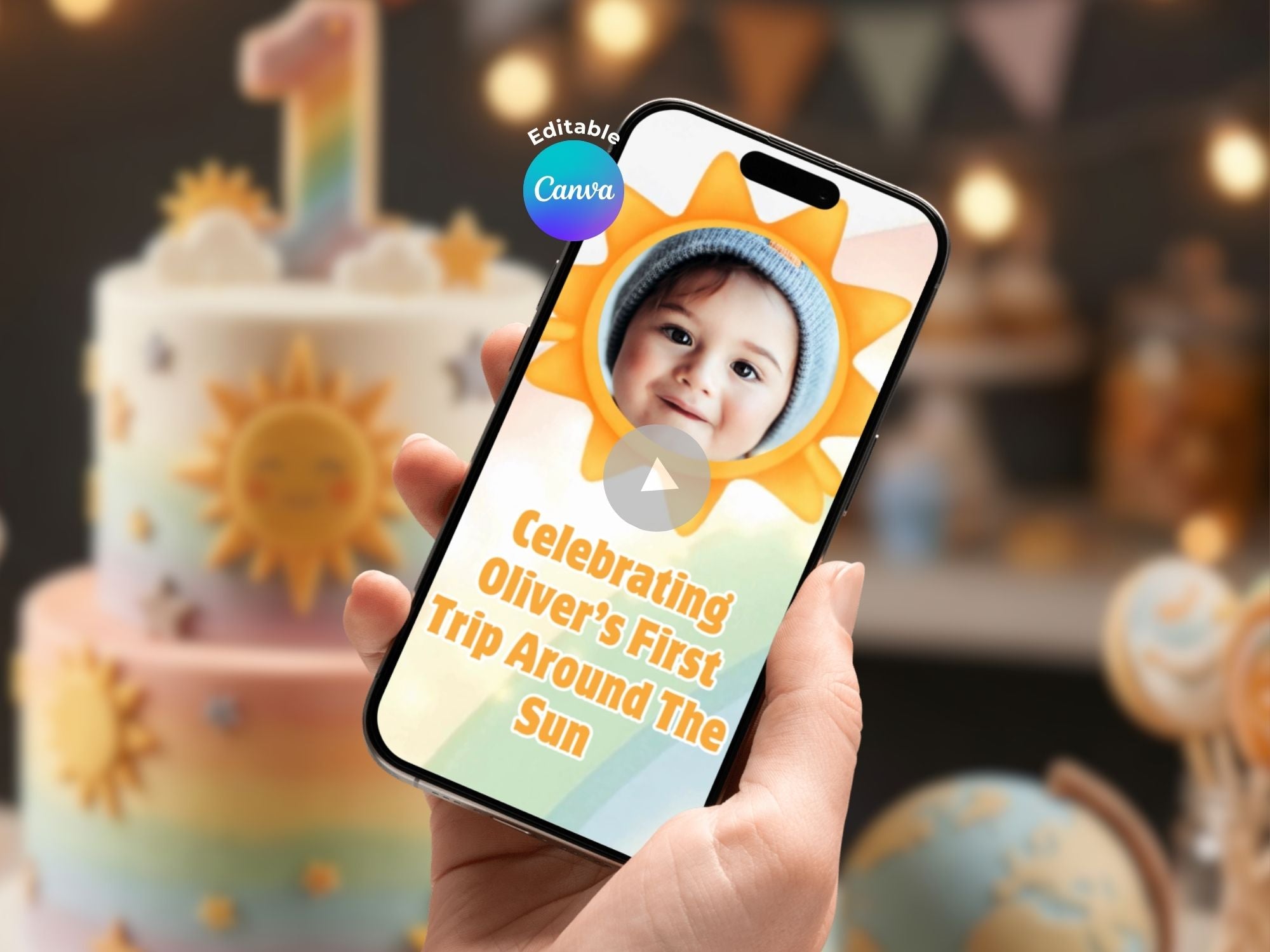 1st Birthday First Trip Around the Sun Video Invitation – Editable Canva Template – Share video mp4 – Instant Download