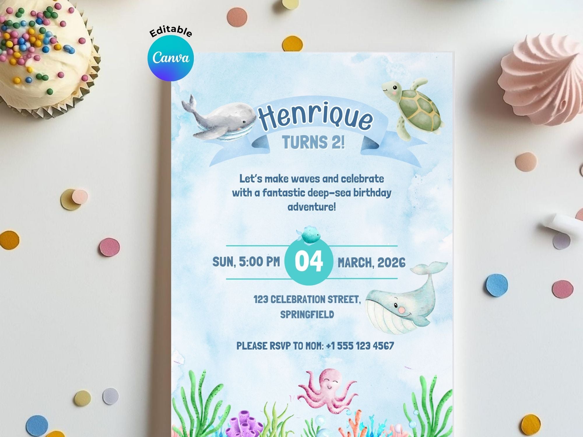 Ocean Coral Watercolor Invitation – Editable Canva Template – Share or Printable 5x7 – Instant Download