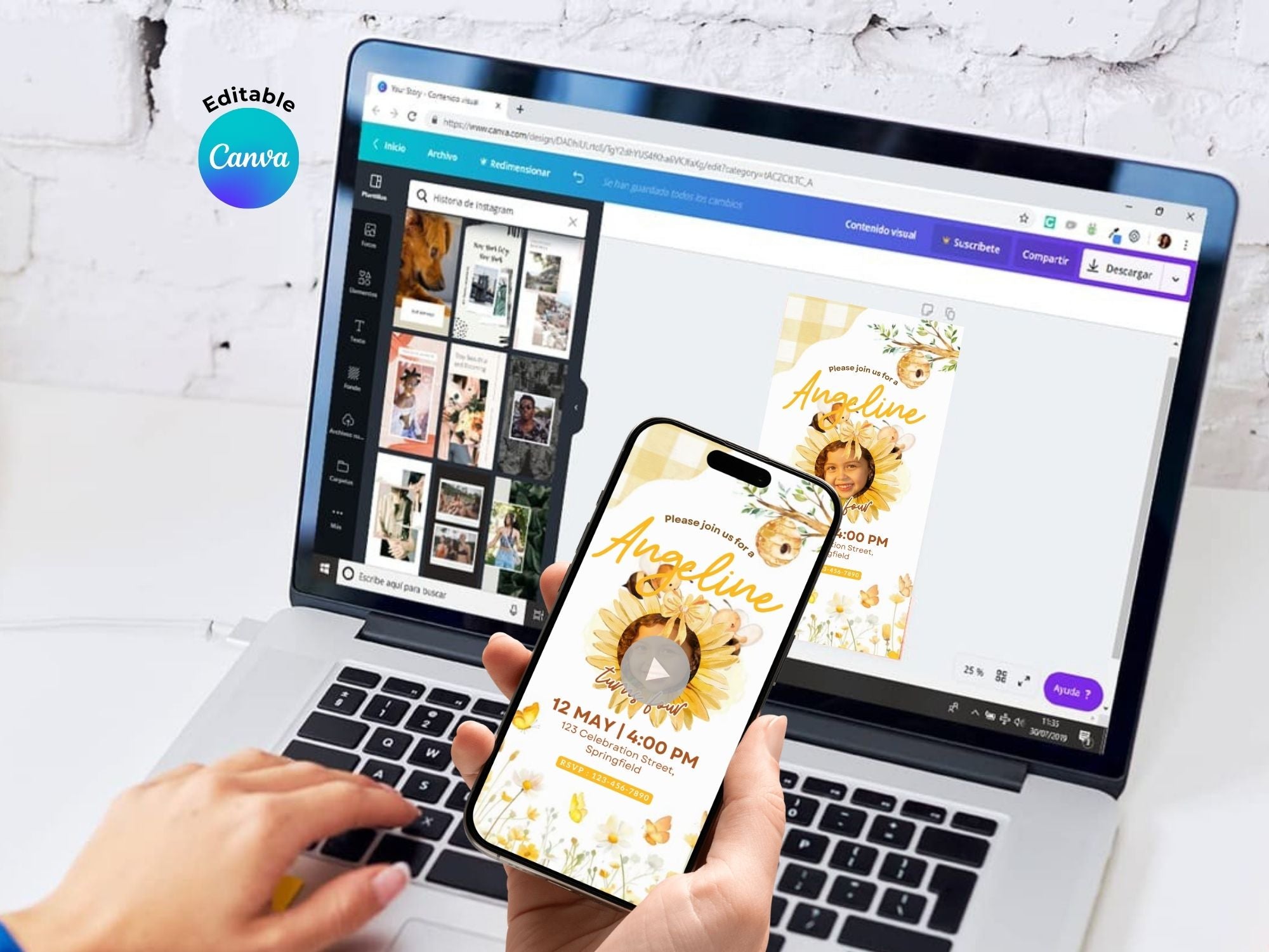 Little Bees Birthday Invitation – Editable Canva Template – Share video mp4 – Instant Download